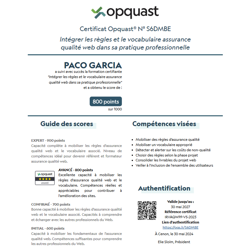 Score de 800 sur 1000 à la certification Opquast
